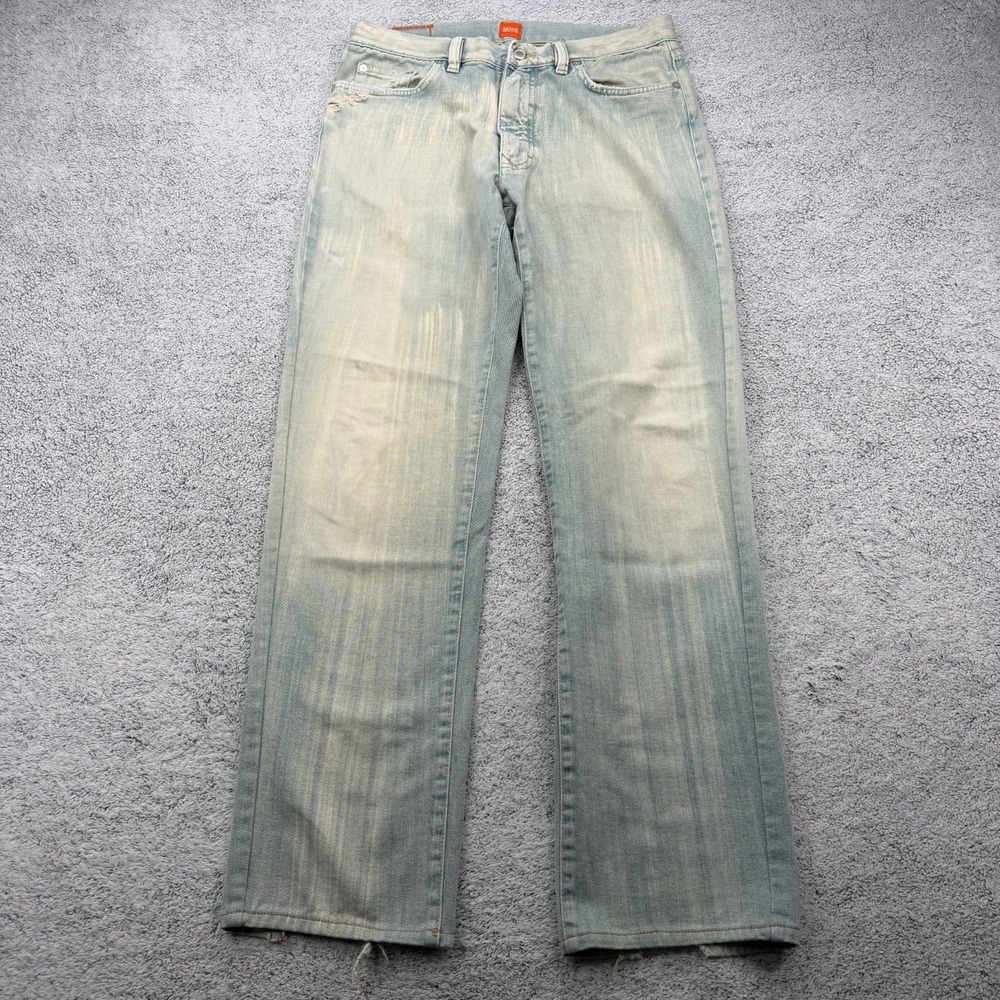 HUGO BOSS Orange Jeans Mens 31x31 Light Blue Faded Distressed Straight 5 Pocket